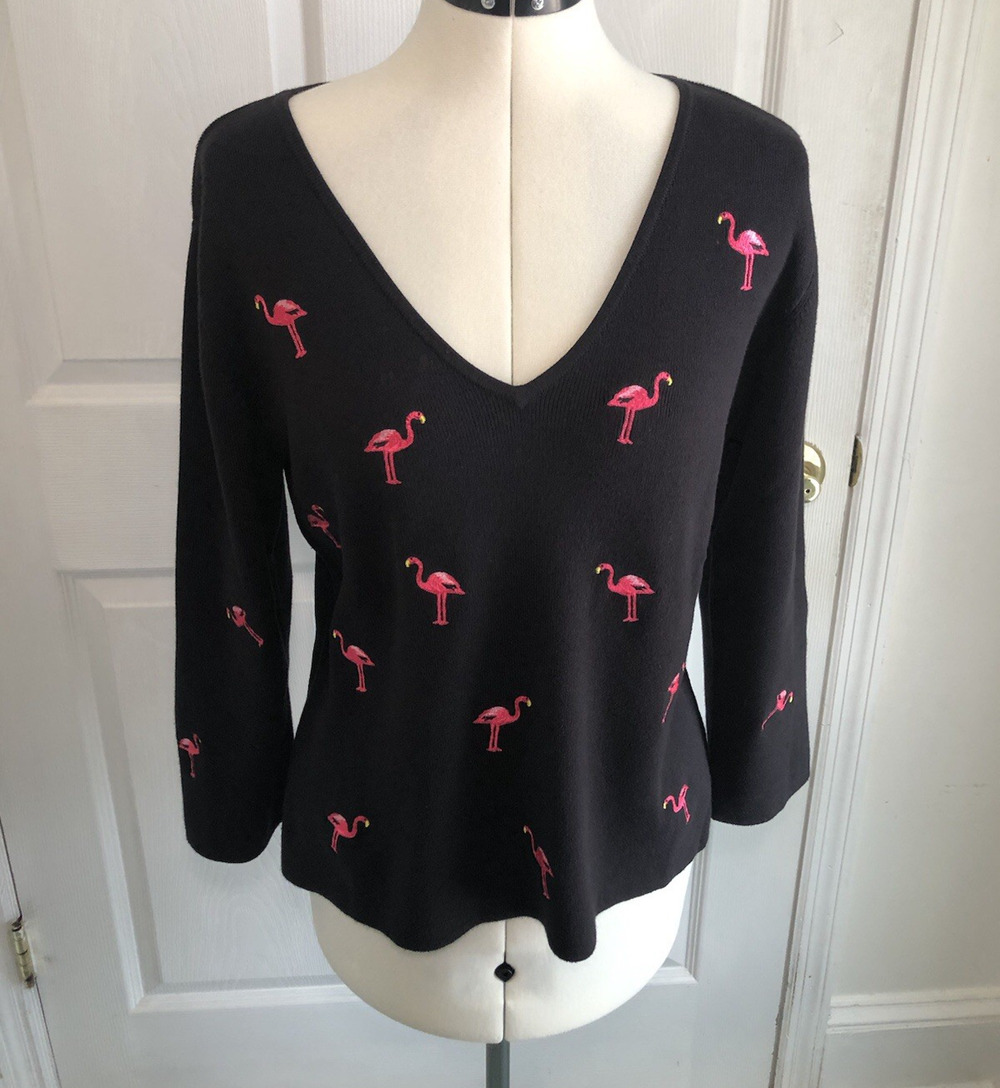 VTG Womens Med Black V neck sweater Pink embroidered flamingos Kitschy coastal